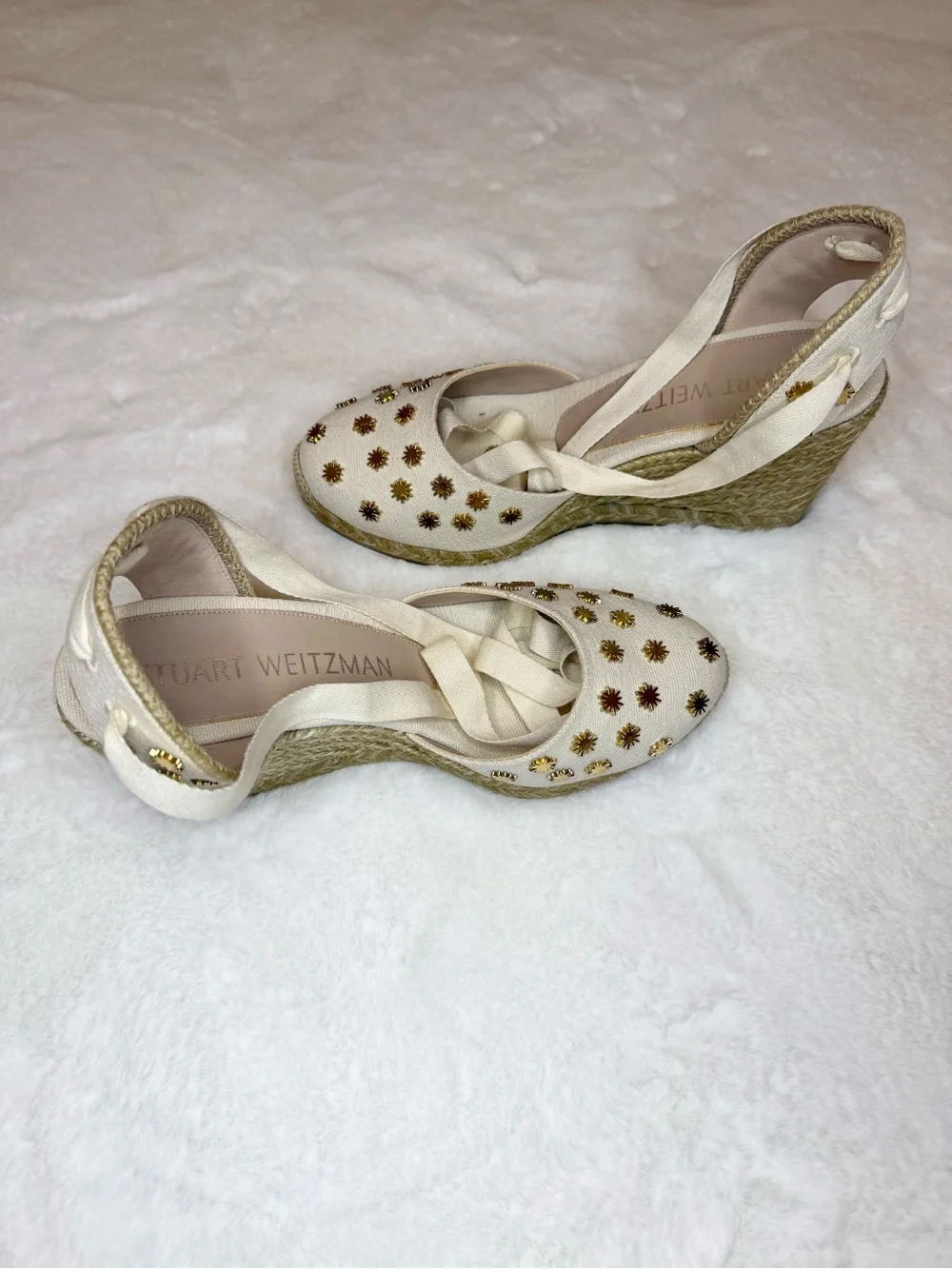 Stuart Weitzman Cream Espadrille Slingbacks with Gold Star Studs